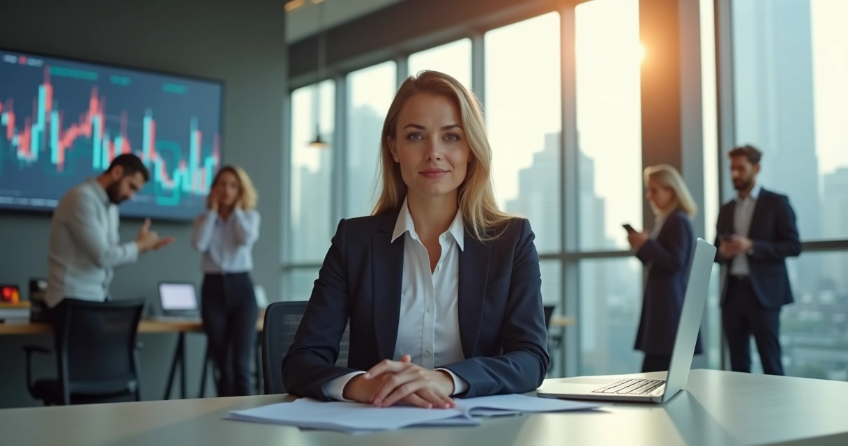 Profissional em ambiente corporativo competitivo mantendo calma e foco em meio a colegas tensos 