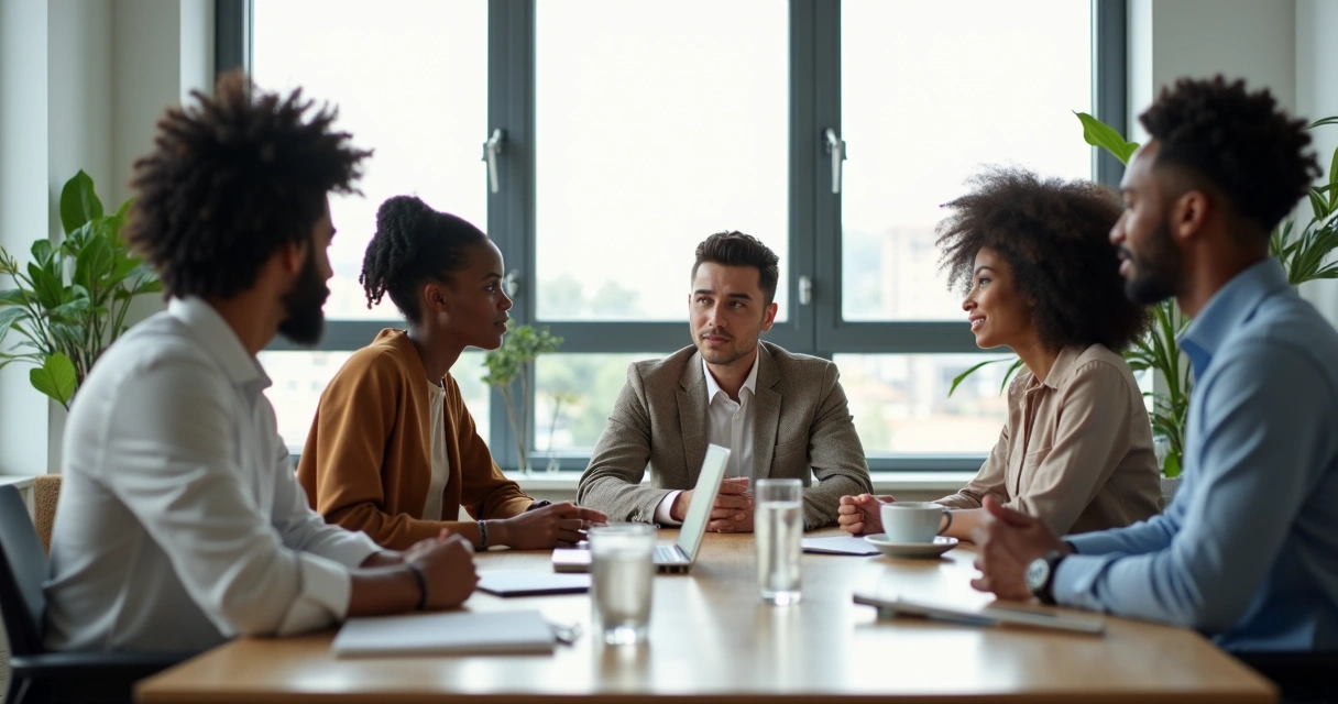 Equipe diversa em reunião serena demonstrando maturidade emocional no trabalho 