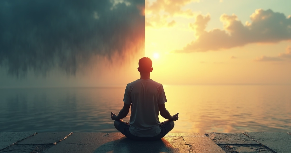 Pessoa adulta sentada em posição de meditação diante de paisagem dividida entre tempestade e céu claro 