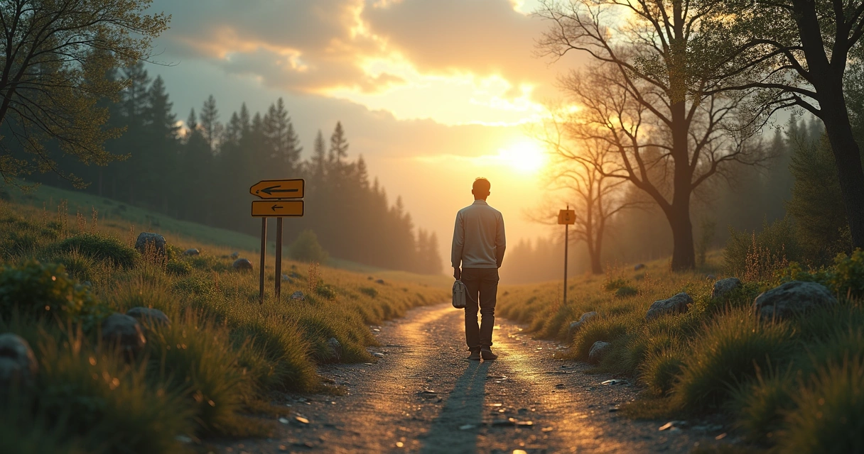 Pessoa refletindo diante de bifurcação entre caminho caótico e caminho sereno 