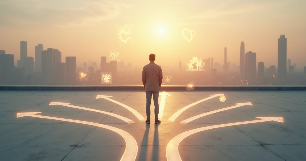 Pessoa refletindo em interseção de caminhos simbolizando escolhas na maturidade emocional 