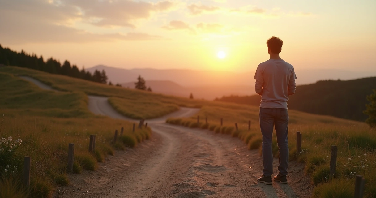 Pessoa refletindo em pé diante de caminhos diferentes ao amanhecer 