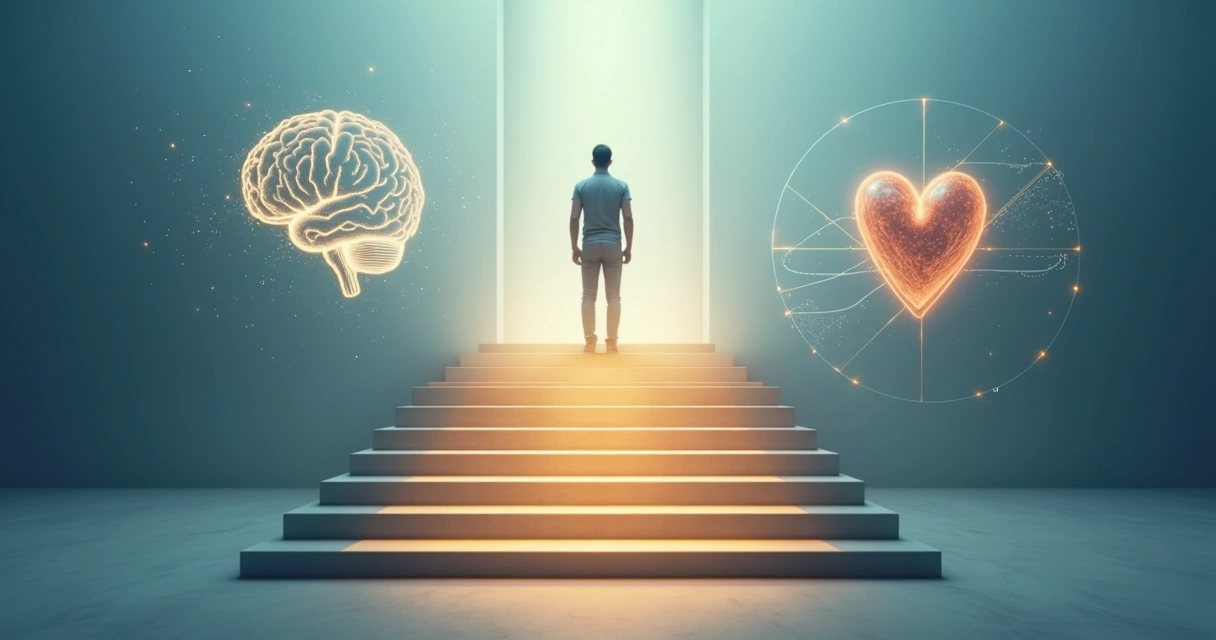 Pessoa em pé em frente a escadaria luminosa simbolizando desenvolvimento emocional 