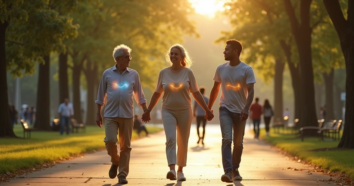 Três gerações caminhando lado a lado em parque com linhas de luz conectando-as 