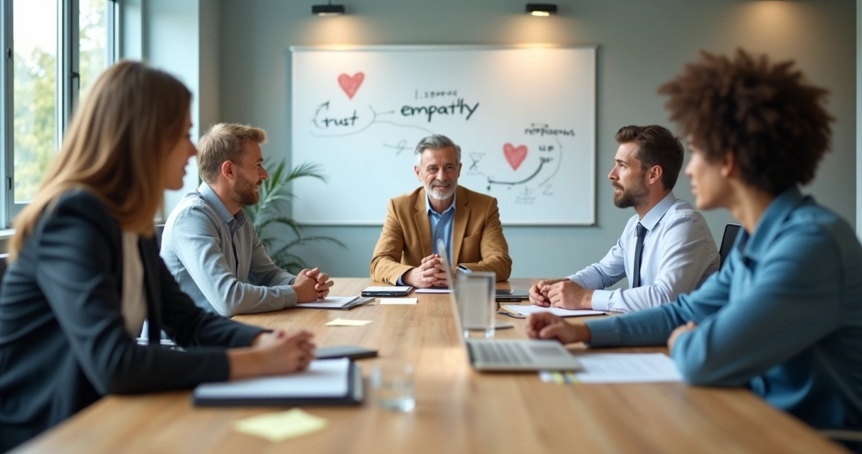 Equipe diversa em reunião corporativa simbolizando maturidade emocional 