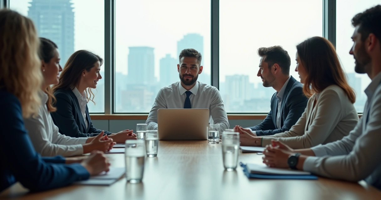 Profissional em reunião mantendo postura calma em ambiente corporativo moderno 