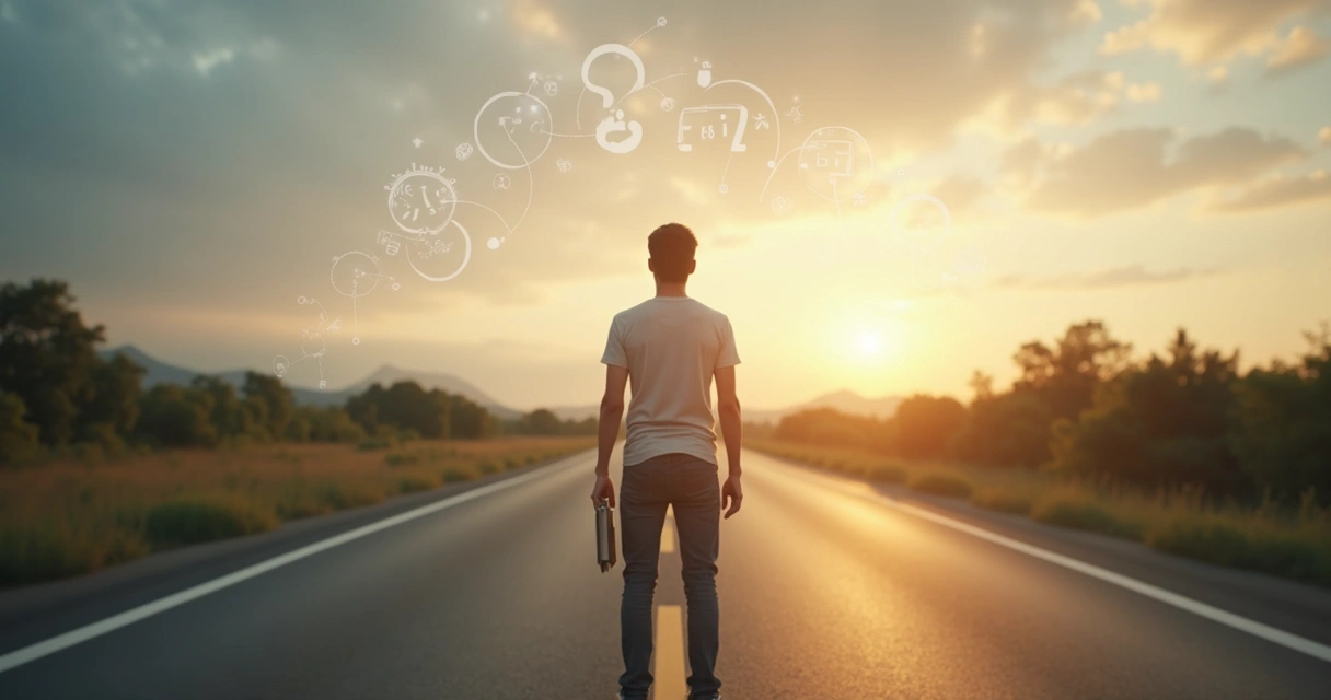 Pessoa refletindo diante de encruzilhada com cenários contrastantes ao fundo 