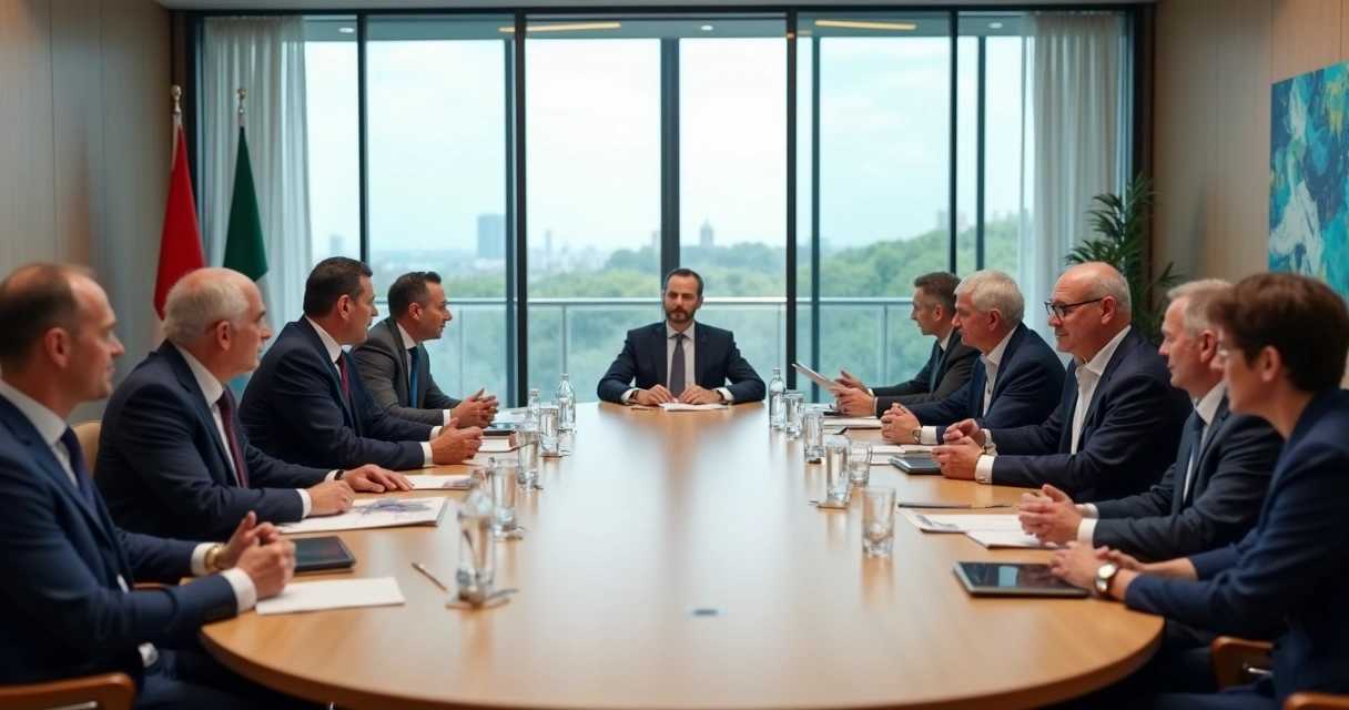 Mesa redonda com políticos diversos em debate calmo e colaborativo 