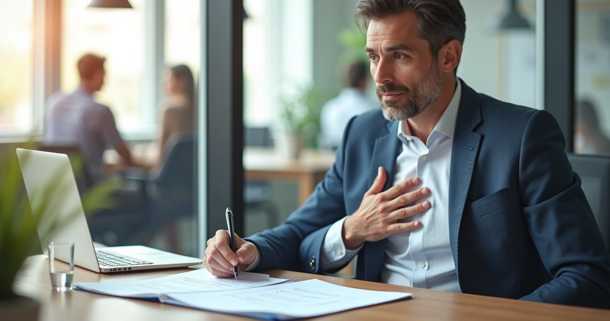 Profissional avaliando decisão no trabalho em ambiente de escritório moderno 