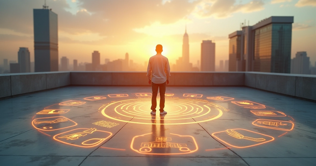 Pessoa adulta em pé em uma encruzilhada com múltiplos caminhos simbólicos representando desafios emocionais 