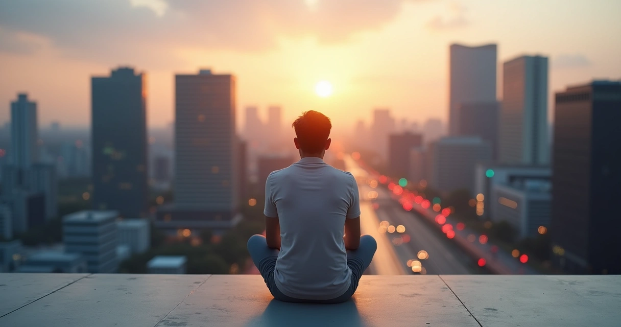 Pessoa sentada em reflexão serena diante de cidade moderna ao entardecer 