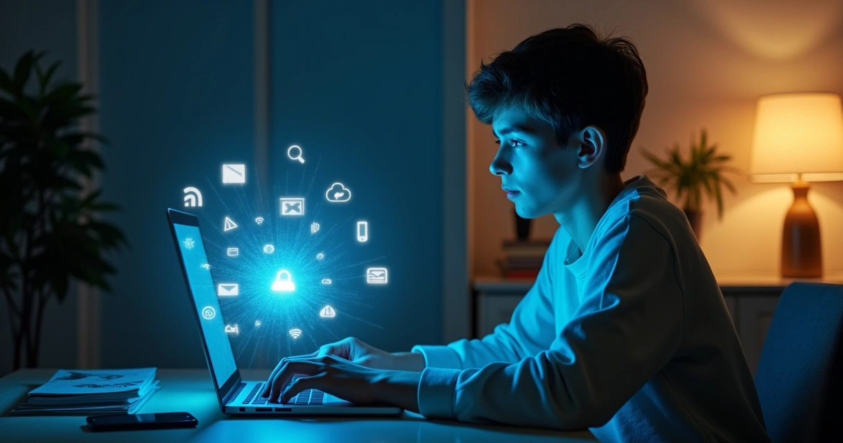 Pessoa usando notebook à noite com símbolos digitais ao redor da cabeça em equilíbrio 