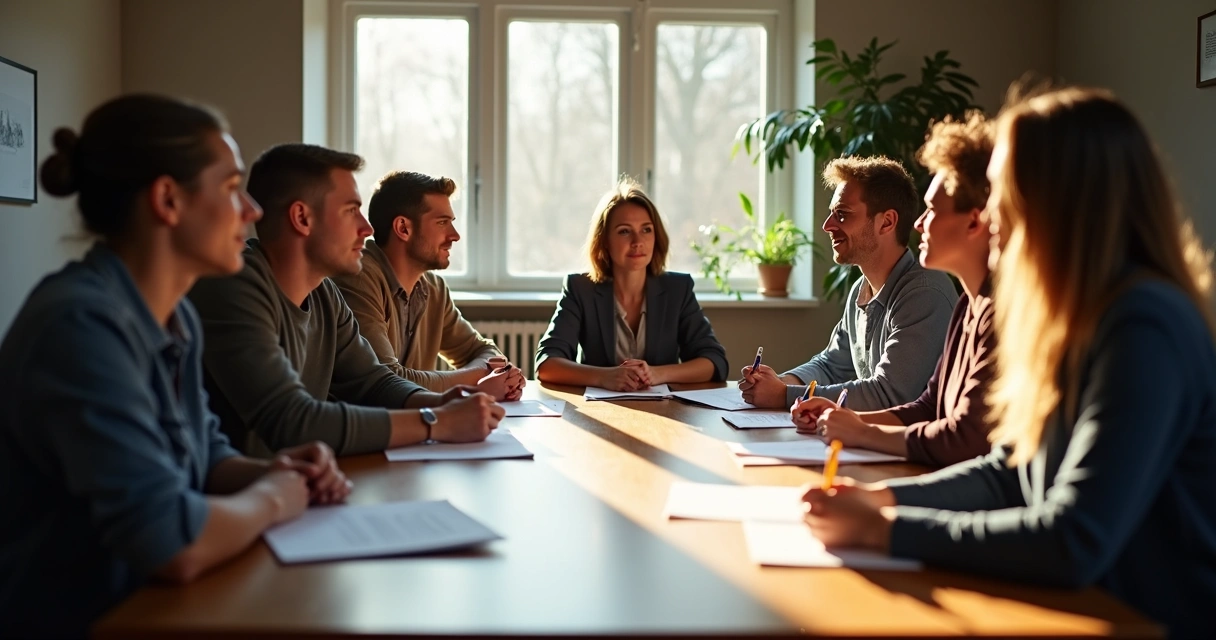 Grupo de pessoas reunido ao redor de uma mesa com expressões de escuta e reflexão 