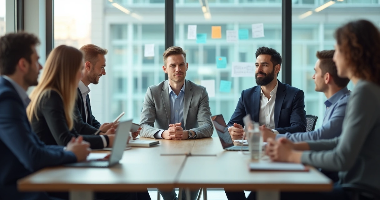 Equipe em reunião com destaque para líder calmo e atento 