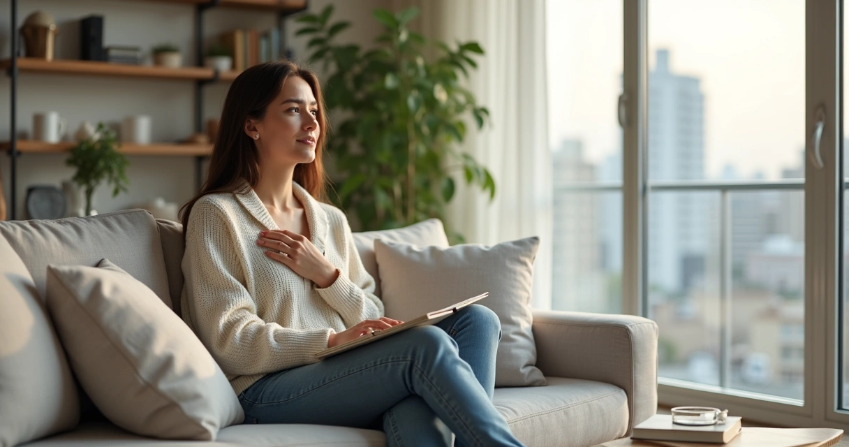 Adulto sentado em sofá olhando pela janela com expressão serena e postura relaxada 