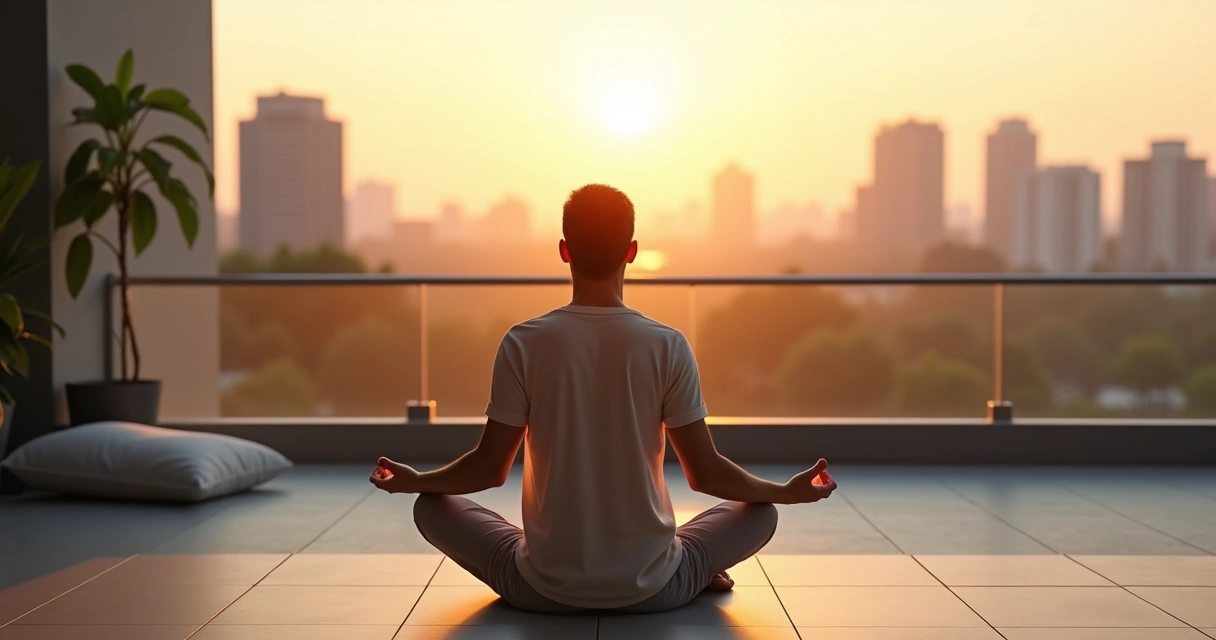 Pessoa sentada em postura meditativa em ambiente urbano contemplando a cidade ao amanhecer 