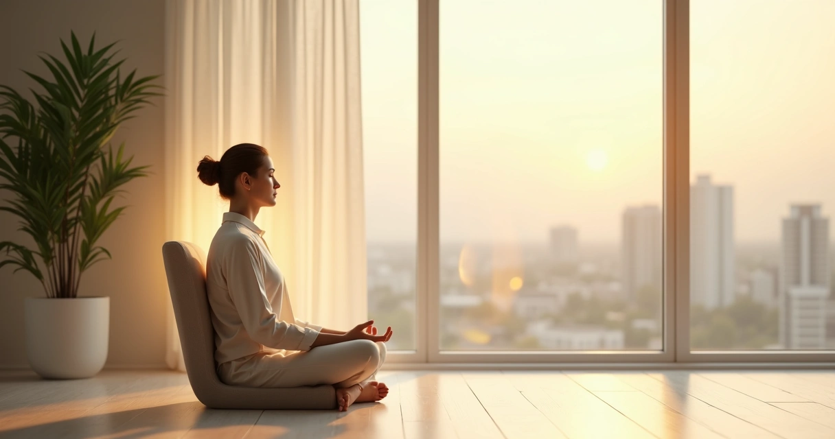 Pessoa em meditação refletida em sete fragmentos de luz representando maturidade emocional 