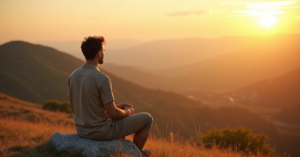 Pessoa adulta serena sentada sozinha olhando o horizonte ao pôr do sol 