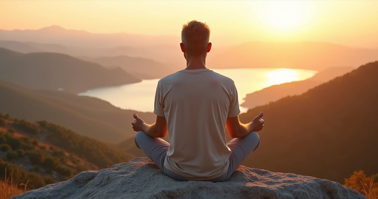 Pessoa serena em posição de meditação olhando paisagem ao nascer do sol 
