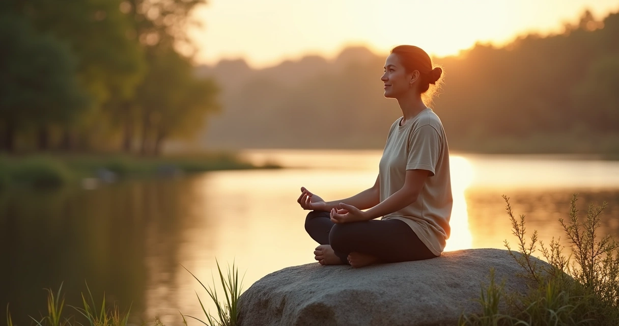 Pessoa adulta serena sentada ao ar livre em postura de reflexão tranquila 