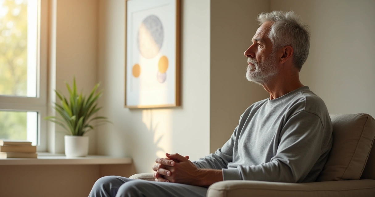 Pessoa adulta serena sentada olhando pela janela com expressão tranquila 