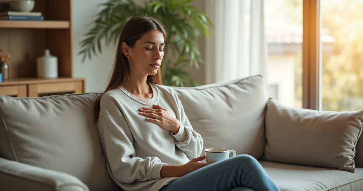 Pessoa serena de olhos fechados com mão no peito simbolizando maturidade emocional 