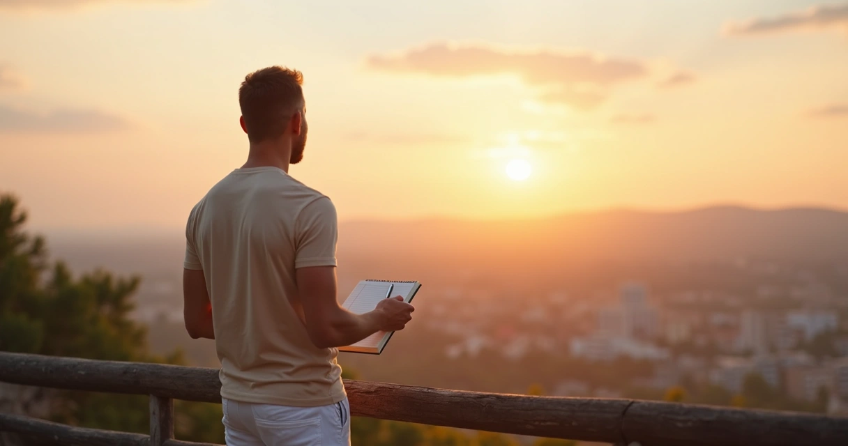 Pessoa adulta serena em pé em mirante segurando caderno de anotações 