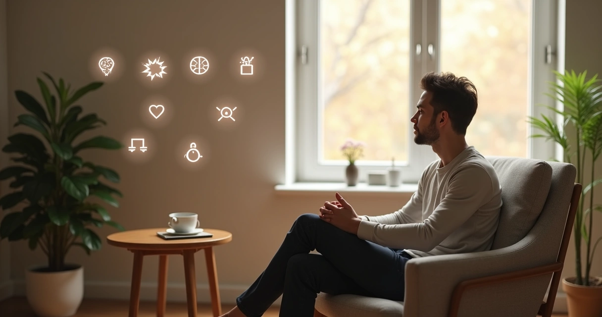 Pessoa adulta sentada em poltrona olhando pela janela com expressão serena e reflexiva 