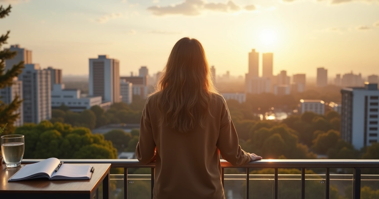 Pessoa em pé em terraço urbano ao entardecer observando a cidade com postura tranquila e confiante 