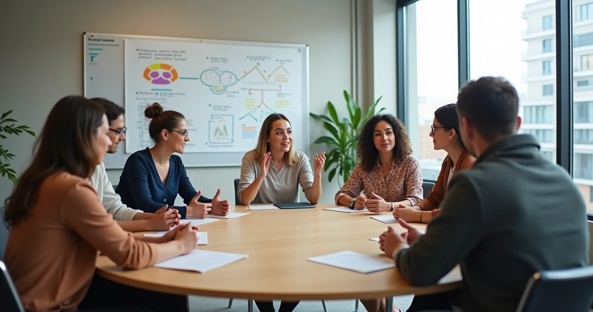 Equipe diversa em reunião refletindo maturidade emocional e colaboração consciente 