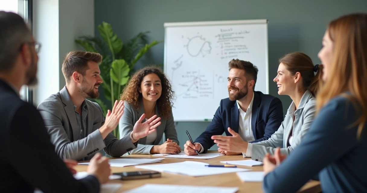 Equipe reunida lidando bem com emoções e desafios, ambiente moderno de trabalho 