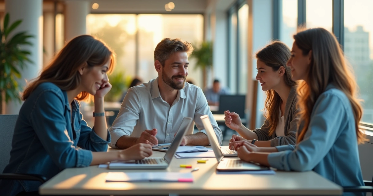 Equipe em escritório moderno com gestos calmos e cooperativos ao redor de mesa de trabalho 