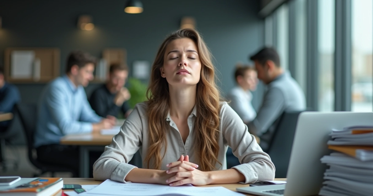 Pessoa respirando fundo com expressão serena em meio a ambiente de trabalho estressante 
