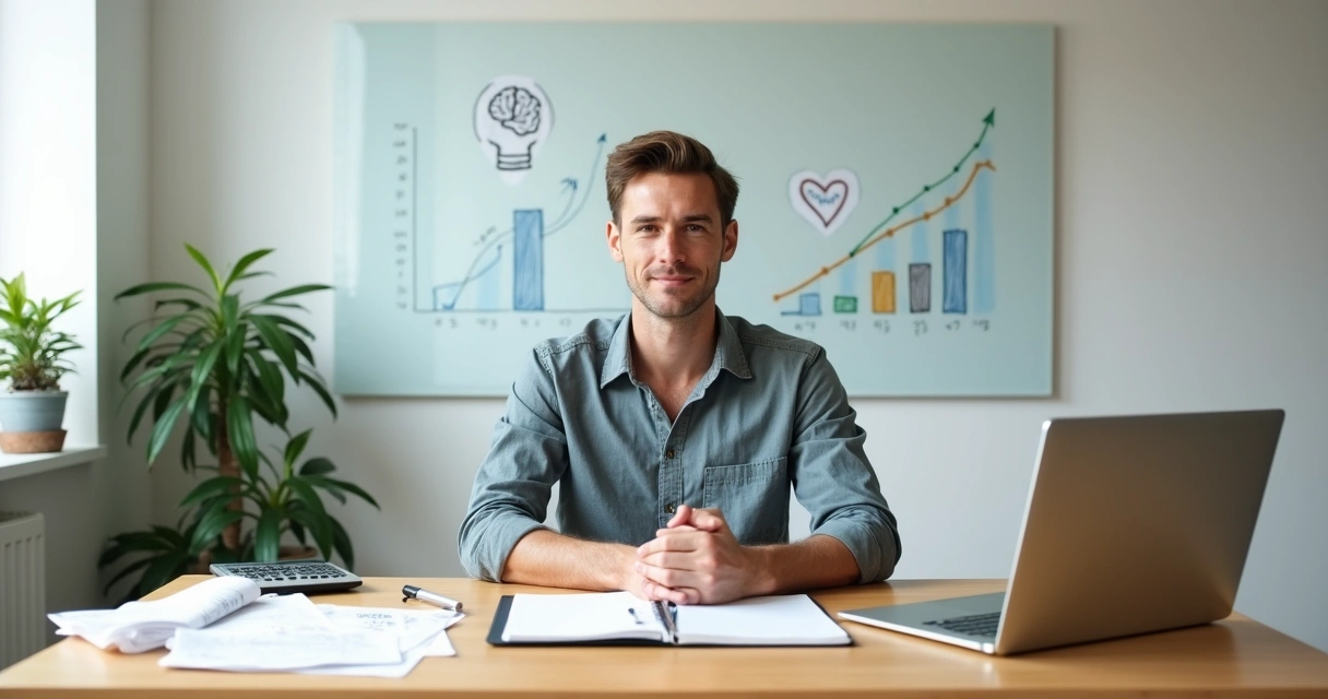 Pessoa equilibrando emoções e finanças diante de quadro com gráficos e contas 