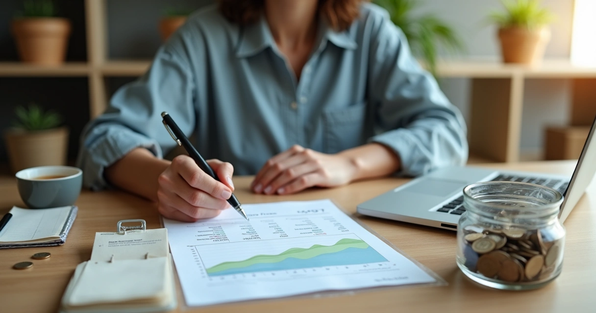 Pessoa avaliando planilha financeira com expressão calma e concentrada 