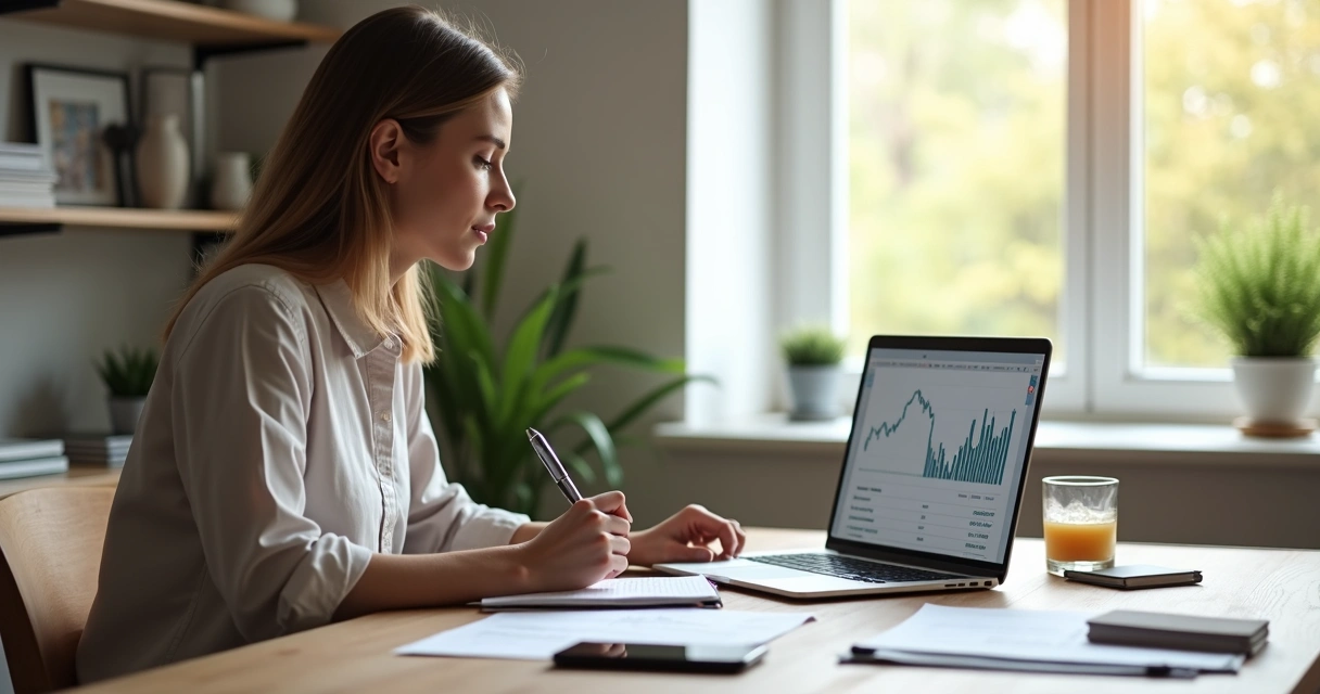 Pessoa analisando finanças com calma em ambiente organizado 