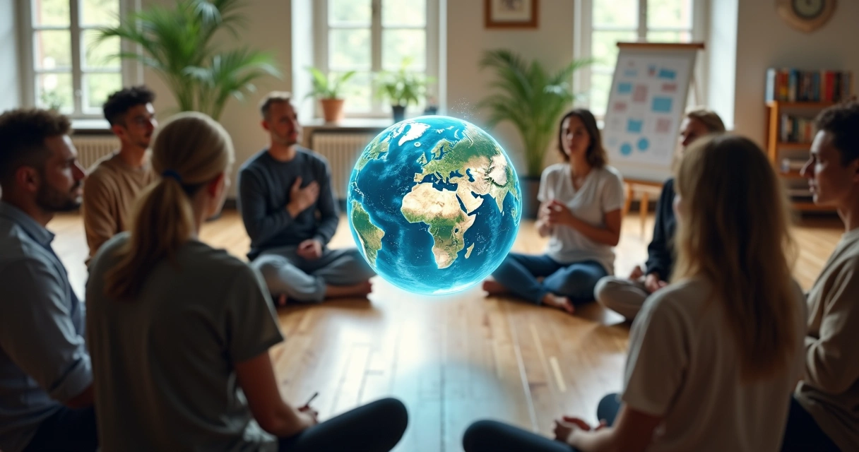 Grupo diverso em círculo com mapa-múndi iluminado ao centro 