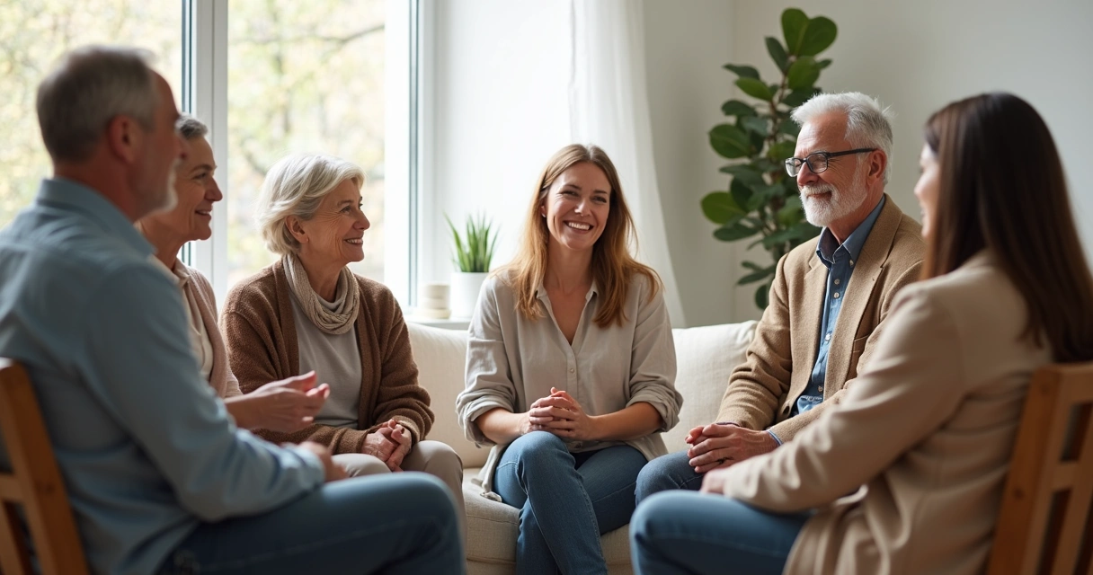 Pessoas diferentes de várias idades sentadas em círculo, em conversa tranquila, demonstrando atenção plena e respeito mútuo.