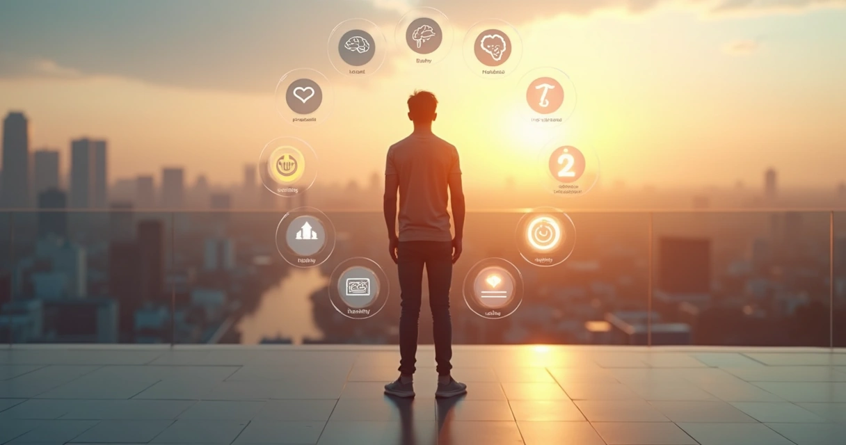 Pessoa contemplando o horizonte com ícones de hábitos ao redor, representando maturidade emocional 