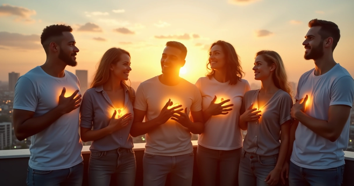 Grupo diverso de pessoas conectadas por luz entre mente e coração 