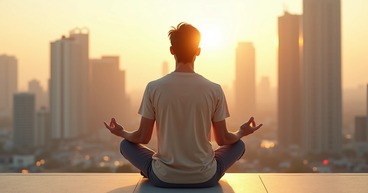 Pessoa sentada em meditação em frente a paisagem urbana ao amanhecer 