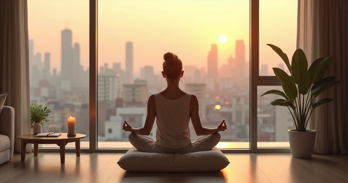 Pessoa sentada em meditação diante de uma janela grande com cidade ao fundo 
