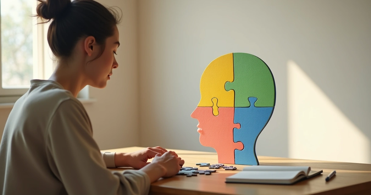 Pessoa montando quebra-cabeça de rosto humano dividido em partes coloridas 