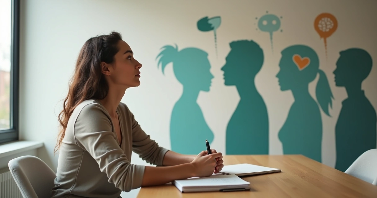 Pessoa adulta refletindo diante de silhuetas confusas ao fundo 