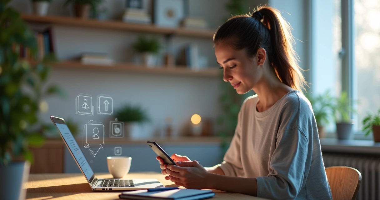 Pessoa serena usando celular em ambiente digital calmo 