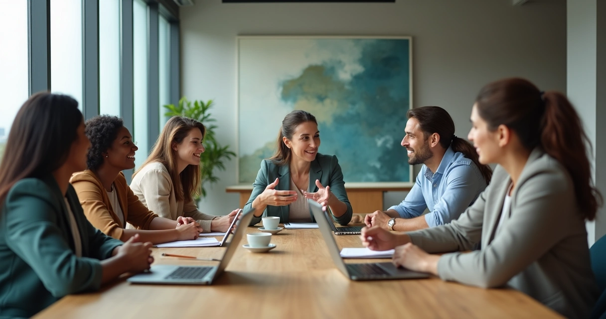 Equipe diversa em reunião calma em escritório moderno 