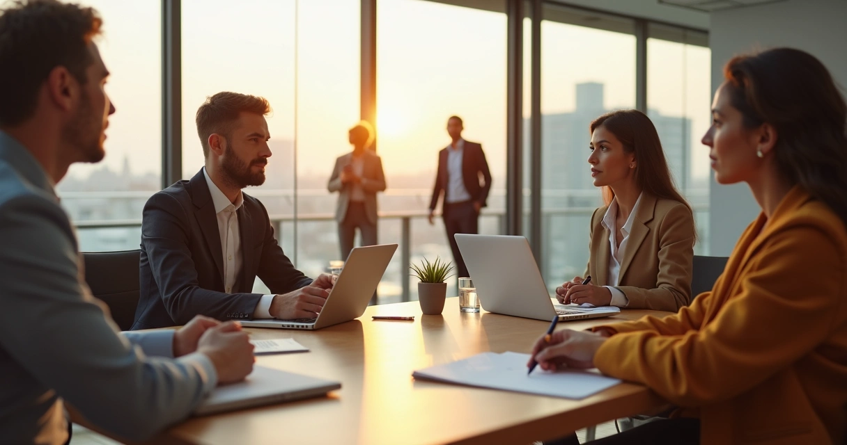 Profissional em reunião mantendo postura calma e consciente em ambiente de escritório moderno 