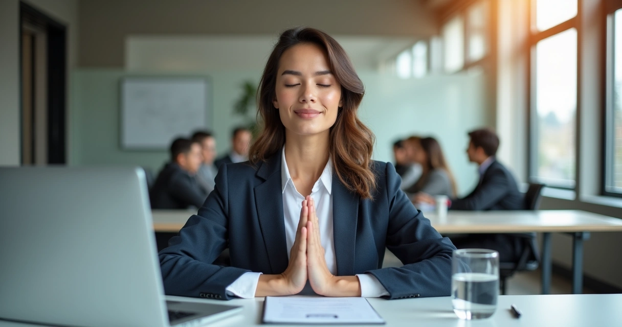 Profissional sentado em mesa de trabalho respirando fundo com expressão calma em escritório moderno 