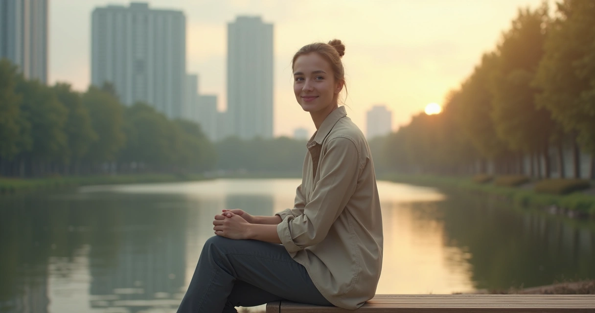 Pessoa sentada em calma refletindo diante de paisagem dividida entre caos e harmonia 