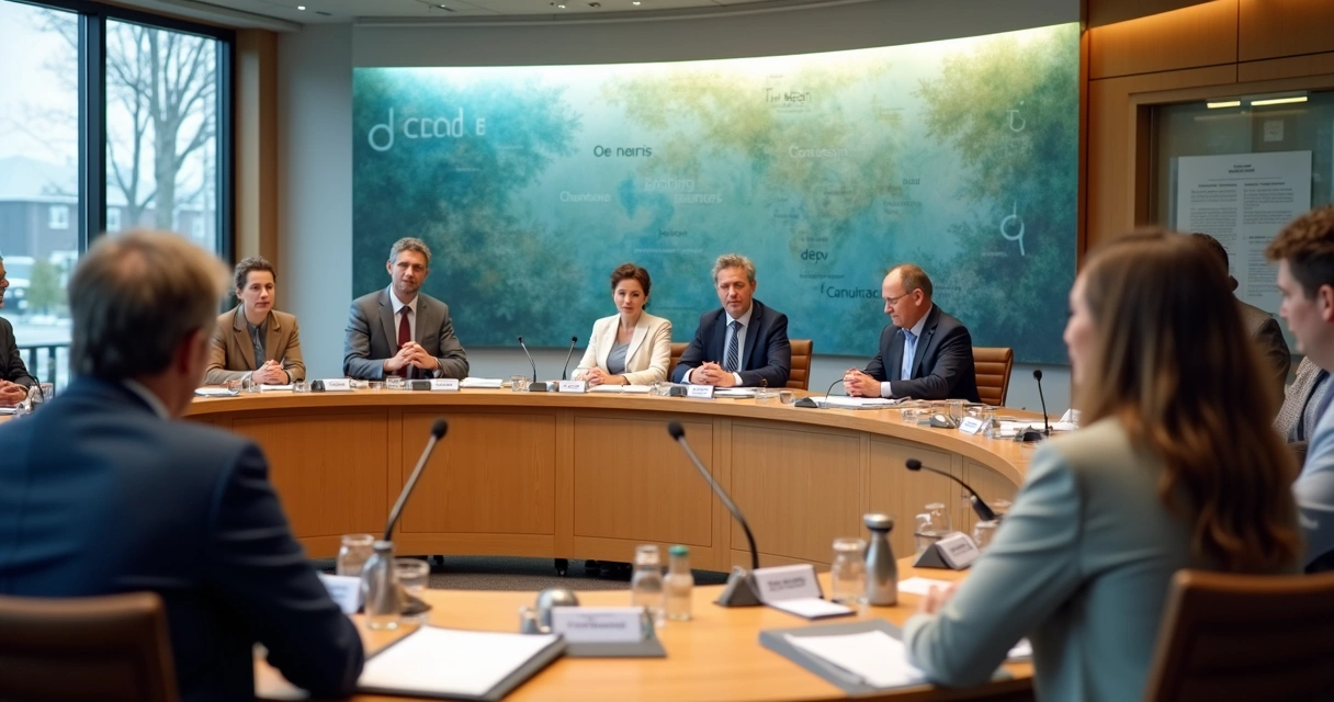 Reunião de política local com líderes em diálogo calmo em uma câmara municipal 